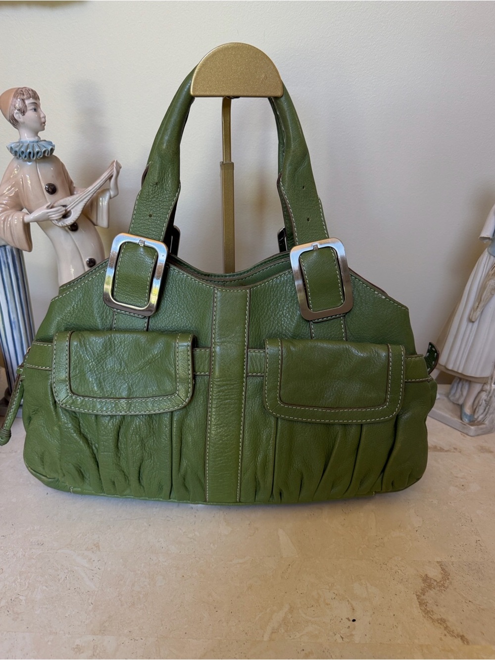 Cole Haan Green Leather Shoulder Bag with Front Pockets